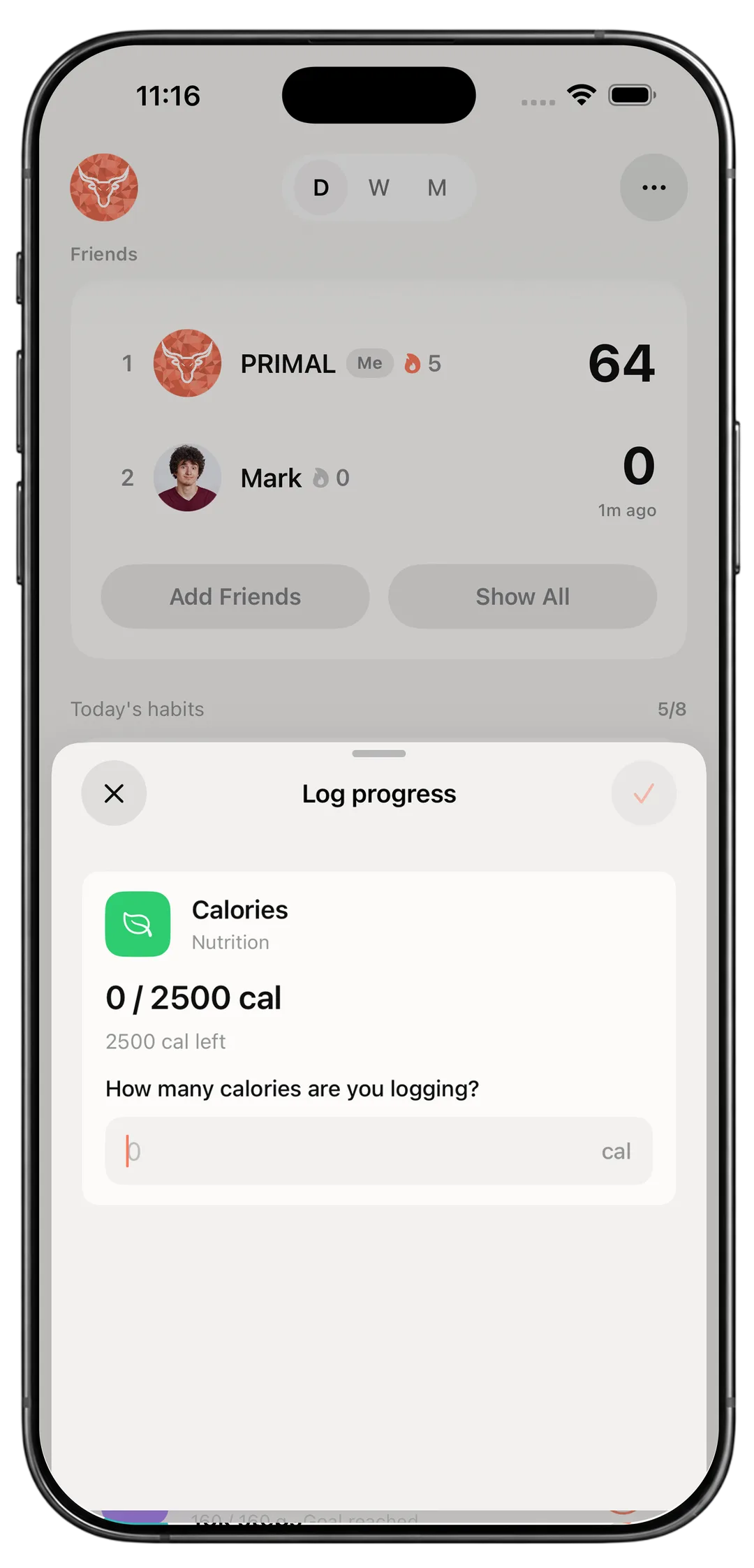 PRIMAL Quick Log sheet on iPhone