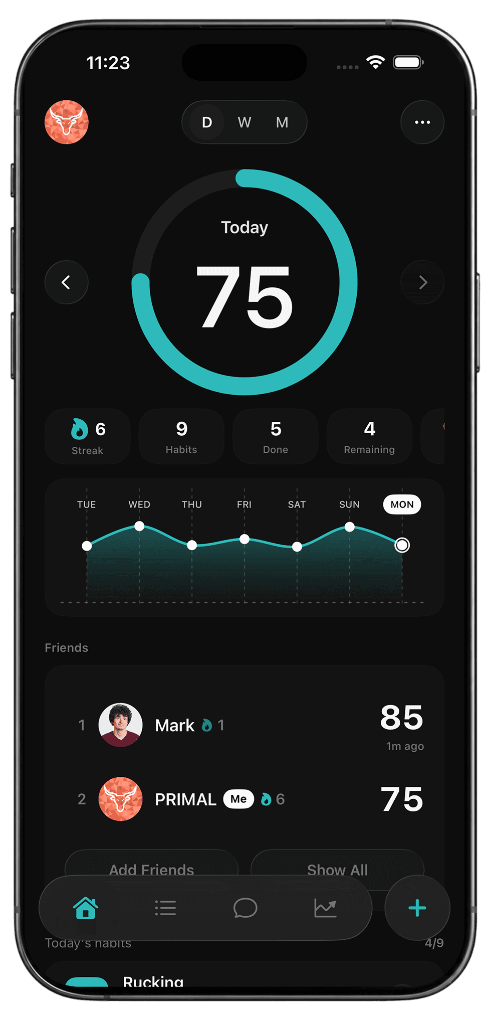 PRIMAL app in teal theme on iPhone